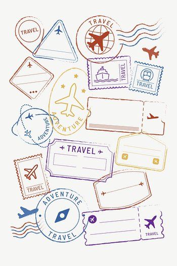 Travel stickers and badge set | Premium Vector - rawpixel Voyage Of Adventure Art, Travel Wallpapers, Travel Stamps, Travel Vector, Wallpaper Travel, Background Retro, طابع بريدي, Travel Stamp, Travel Drawing