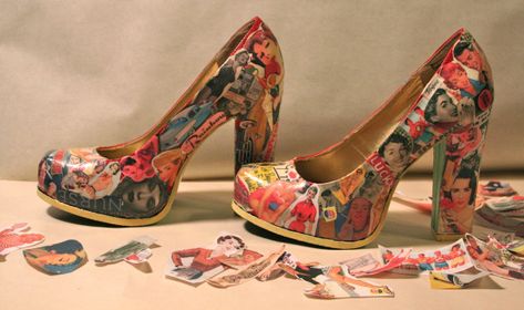 Decoupage Shoes, Magazine Cutouts, Diy Heels, Music Pages, Diy Decoupage, Boots Diy, Comic Book Pages, Decoupage Vintage, Favorite Novels