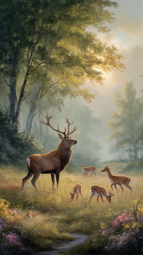 Immerse yourself in a tranquil forest landscape, where golden light filters through lush trees. A majestic stag stands proudly, while delicate fawns frolic among vibrant wildflowers. This romantic scene captures the beauty of nature and the bond between its creatures, enhanced by dreamy Impressionist brushstrokes. Perfect for nature lovers, wildlife enthusiasts, and home decor inspiration. #DeerWallpaper #NatureArt #WildlifePhotography Fawn Wallpaper, Enchanting Wallpaper, Deer Wallpaper, Serene Forest, Deer Art, Woodland Scene, Landscape Art Painting, Romantic Scenes, Wildlife Artists