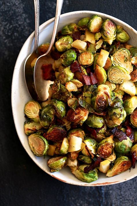 Roasted Brussels Sprouts with Apple and Bacon | Melanie Makes add pecans, reduced balsamic, caper dressing Brussel Sprout Recipes, Christmas Dinner Side Dishes, Roasted Brussels Sprouts With Bacon, Christmas Side Dish, Exciting Recipes, Brussels Sprouts With Bacon, Jo March, Healthy Thanksgiving Recipes, Roasted Apples