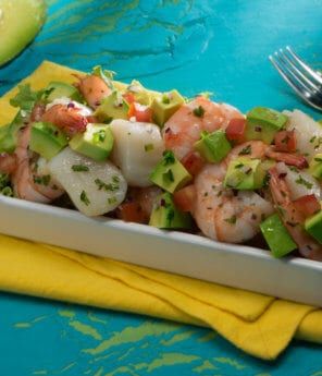 Shrimp & Scallop Ceviche with Avocado | Avocados From Mexico Scallop Ceviche Recipe, Shrimp Quesadilla, Scallop Ceviche, Avocados From Mexico, Avocado Dessert, Shrimp Scallops, Ceviche Recipe, Shrimp Ceviche, Avocado Egg Salad