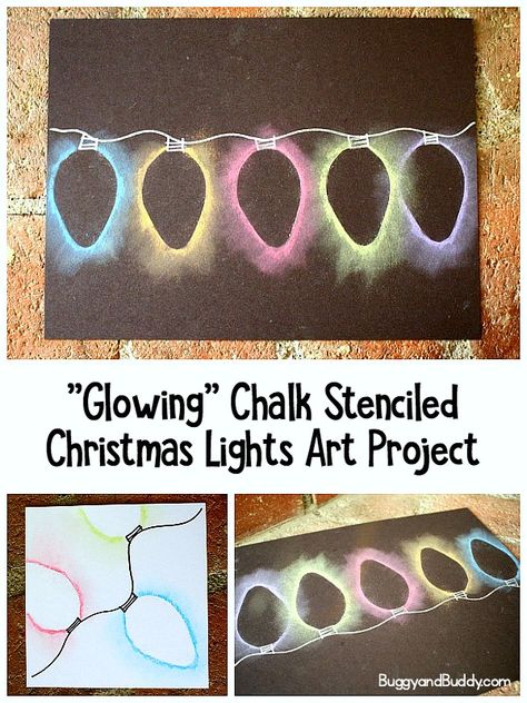 "Glowing" Chalk Stenciled Christmas Lights Art Project for Kids- fun and easy holiday craft for children! #buggyandbuddy #christmasart #artforkids #craftsforkids #kidscrafts #artprojectsforkids #holidaycrafts #christmas Christmas Lights Art, Chalk Stencils, Fun Diy Craft Projects, Christmas Art Projects, Easy Holidays Crafts, Crafts For Teens To Make, Easy Art Projects, Holiday Crafts For Kids, Light Crafts