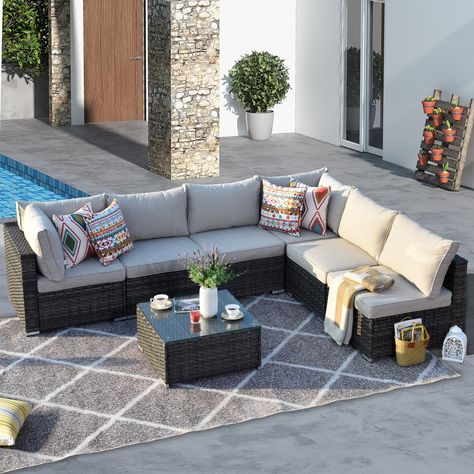 Ovios 7 Piece Outdoor Furniture All Weather Wicker Patio Conversation Sectional Sofa Set with Coffee Table for Garden Backyard - Walmart.com Coffee Table For Balcony, Comfortable Patio Furniture, Wicker Outdoor Sectional, Patio Seating Sets, Wicker Patio Furniture Set, Sectional Furniture, Table Outdoor, Grey Exterior, Outdoor Patio Furniture Sets