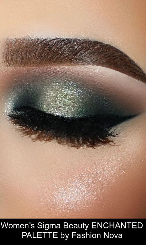 Makeup In Green Dress, Emerald Green Eyeshadow Looks, Dark Green Eyeshadow Looks, Dark Green Makeup Looks, Emerald Eye Makeup, Whimsical Palette, Prom Makeup Silver, Green Dress Makeup, Sweet 16 Makeup