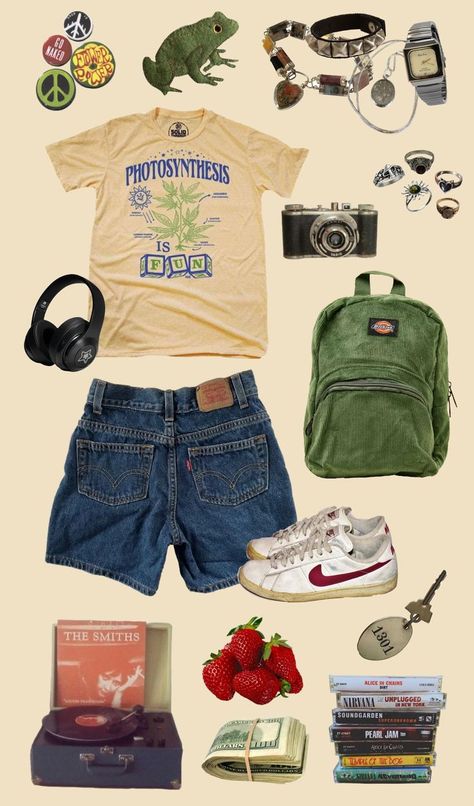 Retro School Outfits, Basic Retro Outfits, Casual Summer Grunge Outfits, Spring Skater Outfits, Summer Outfits Granola, Retro Aesthetic Outfit, Woods Outfit, Mini Dress Spring, Mine Aesthetic