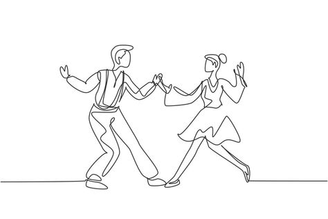 Continuous one line drawing man and woman dancing Lindy hop or Swing together. Male and female characters performing dance at school or party. Single line draw design vector graphic illustration People Dancing Drawing, Dancing Poses Drawing Couple, Dancing Drawing Reference, Dancing Poses Drawing, Man And Woman Dancing, Rock And Roll Dance, Dancer Tattoo, Dance Cards, Dancing Drawing