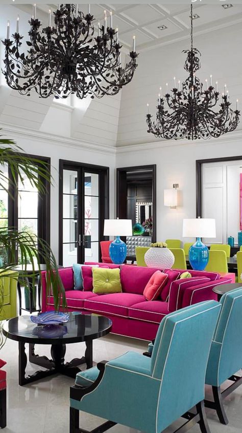 Blue Maximalist Living Room, Living Space Interior, Grey And White Room, Rosa Sofa, Maximalist Living Room, Hot Pink And Green, Teal Home Decor, Color Sofa, Purple Home Decor