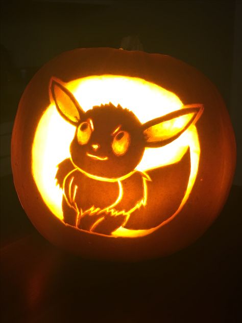 Pokémon Eevee Pumpkin carving Eevee Pumpkin Stencil, Hei Hei Pumpkin Carving, Eevee Pumpkin Carving, Stitch Pumpkin Carving Ideas, Pumpkin Carving Ideas Pokemon, Eevee Pumpkin, Pokemon Pumpkins, Pokemon Pumpkin Carving, Animal Pumpkins