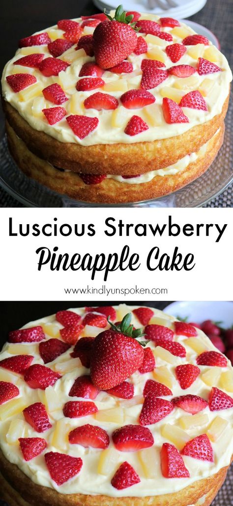 Craving a sweet dessert for your next potluck? Give this Luscious Strawberry Pineapple Cake a try! Made with a yellow cake mix, vanilla pudding, light whipped topping, and fresh strawberries and pineapples, this pineapple cake is the perfect, easy summer-time treat with a tropical twist! #cake #strawberry #pineapple #sweets #dessert Strawberry And Pineapple Dessert, Tropical Cake Recipes, Strawberry Pineapple Cake, Berry Desserts, Pastries Recipes, Friends Recipes, Frugal Recipes, Sweet Magic, Cake Strawberry