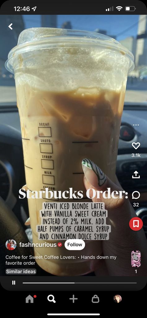 Dunkin Orders, Cinnamon Dolce Syrup, Starbucks Order, Black Halloween Nails, Cinnamon Dolce, How To Order Starbucks, Ice Blonde, Caramel Syrup, Sweet Coffee