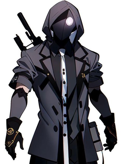 Masked Man Character Art, Spy Gadgets Concept Art, Masked Oc Art, Anime Mask Design, Detective Jacket, Assassin Suit, Masked Oc, Superhero Design Concept Art, Assassin Design