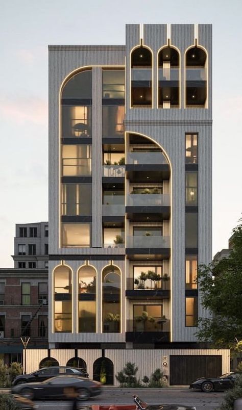 Slim Building Architecture, Three Story Apartment Building, 5 Story Building Design, Modern Building Facade Design, Apartment Architecture Facade, Exterior Building Design, Facade Apartment, Decoration Ideas Aesthetic, Residential Architecture Apartment