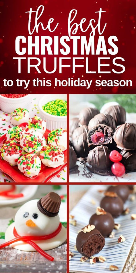 Photo collage of Christmas truffle recipes with text overlay. Boozy Christmas Truffles, Bite Size Desserts Christmas, Bite Size Christmas Treats, Best Truffle Recipe, Bite Sized Christmas Desserts, Christmas Truffle Recipes, Easy Christmas Truffles, Christmas Oreo Truffles, Bon Bon Recipes