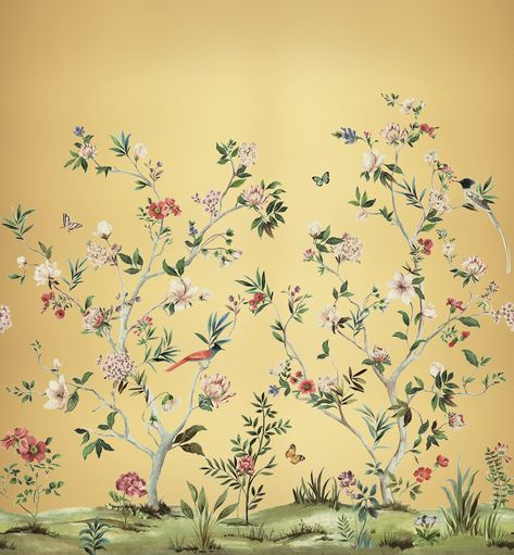 Picture of Chinoiserie Magnolia Mural - Gold Metallic Yellow Chinoiserie, Interior Wallpaper, Metallic Wallpaper, Accent Wallpaper, New Wallpaper, Paper And Ink, Floral Wall, Decor Project, Wall Mural