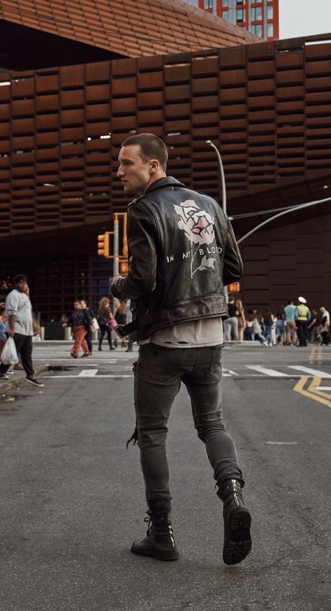 Leather Jacket And Boots Outfit Men, Rocker Chic Style Men, Men’s Biker Style, Beartooth Concert Outfit, Casual Metalhead Outfit Men, Men Rock Style Outfit, Modern Rockstar Outfit Men, Bad Guy Style, Rocker Fashion Men