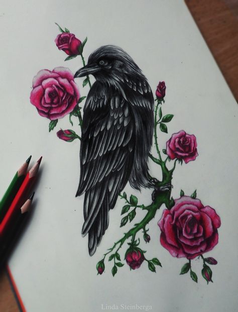 Raven drawing Crow And Rose Tattoo, Roses Tattoo Drawing, Raven Drawings, Raven Tattoo Feminine, Raven Drawing, Marker Artwork, Rose Tat, Sunflowers And Roses, Tattoos With Kids Names