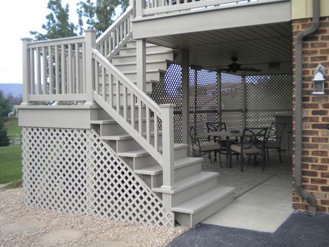 Use a privacy fence for a more private deck or patio Lattice Privacy Fence, Privacy Wall On Deck, Lattice Deck, Hot Tub Privacy, Privacy Screen Deck, Deck Skirting, Deck Or Patio, Under Deck, Deck Privacy