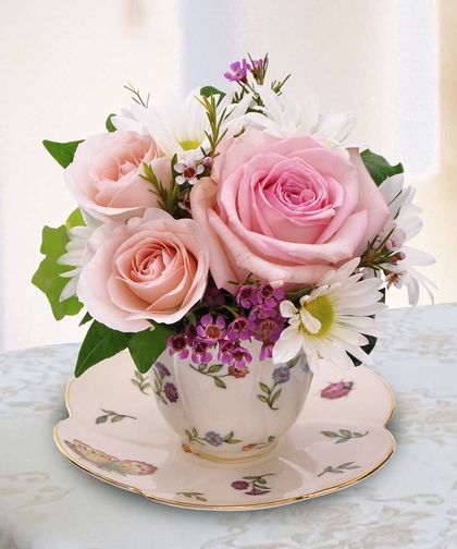 "Blooming Tea Cup" by Beneva Flowers in #Sarasota #Easter Teacup Flower Arrangements, Teacup Flowers, Small Flower Arrangements, Teacup Crafts, Cup Flower, Tea Party Table, Blooming Tea, Bridal Tea, Flower Cup