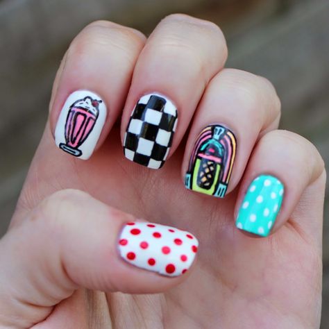 Grease Nails, 50s Nails, Dahlia Nails, Rockabilly Nails, 80s Nails, Cherry Soda, Peach Nails, Makeup Nails Art, Chocolate Ice