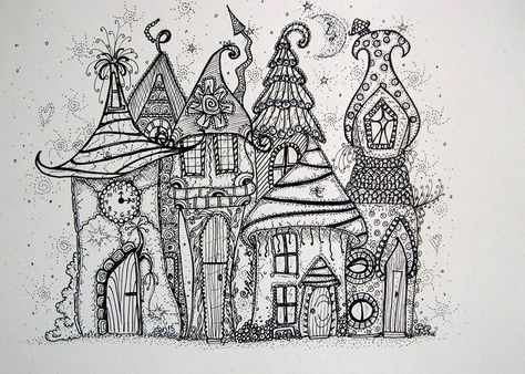 from fb Architecture Drawing Sketches, Hand Drawn Architecture, House Doodle, Zentangle Kunst, Doodle Inspiration, Zentangle Drawings, Doodles Zentangles, Gingerbread Houses, House Drawing