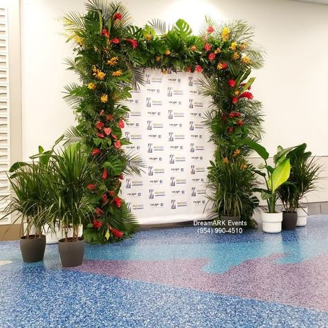 Flower arch, tropical flowers arch, backdrop flowers, photography backdrop, exotic flowers and foliage arch, grant opening event decoration, Fort Lauderdale florist, Floral designer Fort Lauderdale Foliage Arch, Balloon Wall Decorations, Greenery Arch, Flowers Arch, Grand Opening Event, Corporate Events Decoration, Event Planning Decorations, Award Ideas, Opening Event