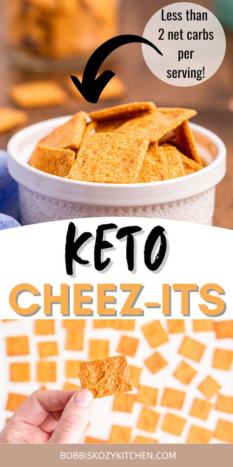 Keto Smoked Cheddar Crackers (Cheez-Its) - These keto "Cheez-It" crackers are made with superfine almond flour and cheese, then baked to crunchy perfection! With only 3 main ingredients, they are an easy low carb way to enjoy your favorite cheesy cracker snack! #lowcarb #keto #glutenfree #dairyfree #vegetarian #cheezits #cheddar #smoked #crackers #snack #recipe Cheez It Crackers, Gluten Free Cheez Its, Cheez Its, Homemade Cheez Its, Cheesy Crackers, Cracker Recipe, Low Carb Crackers, Cheddar Crackers, Keto Cheese