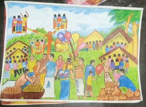 Baishakhi Mela Drawing, Boishakhi Mela Drawing, Mela Painting, Mela Drawing, Fun Fair, Clay Crafts, Projects To Try, Art Drawings, Composition