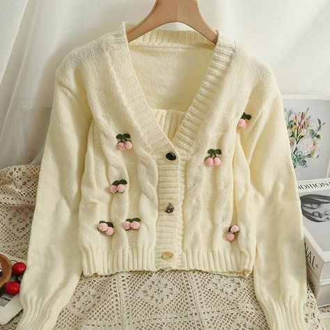 MAMAMARA - Cardigan Cherry Wol Rajut One Set Ala Korea Baju Panjang Sweater Dalaman Knitwear Wanita Atasan Outer Oversize Korean Style Hijab, Cardigan Korean Style, Sweater Rajut, Style Hijab, Ootd Hijab, Cream Sweater, Korea Fashion, One Set, Cami Tops