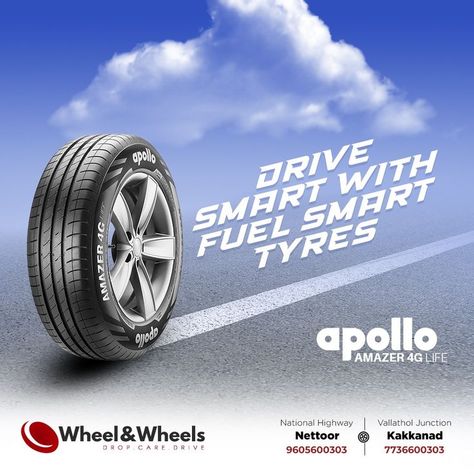 Drive smart with Apollo Amazer 4G fuel smart tyres! Visit Wheel and Wheels today. National Highway, Nettoor | Vallathol Junction, Kakkanad Contact : 9605600303,7736600303 . . . #wheelandwheels #SUV #tyre #underbodycoating #wheels #newtyres #tyreshop #kochi #tyredealers #repair #brandedtyres #cartyres #tyrestore #tyresales #premiumtyres #appollo #amazer4g #appollotyres #3DAlignment Kumho Tires, Shop Banner Design, Car Advertising Design, National Highway, Tires For Sale, Creative Advertising Design, Creative Graphic Design, Car Advertising, Tyre Shop