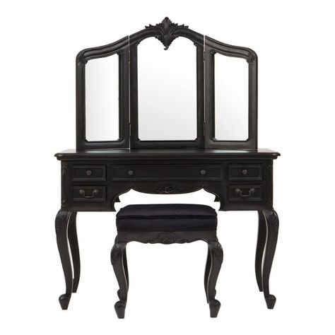 Rococo Noir Dressing Table & Stool (845 CAD) ❤ liked on Polyvore featuring home, furniture, stools, mahogany furniture, painted furniture, rococo style furniture and rococo furniture Black Dressing Table, French Style Bedroom Furniture, Black Dressing Tables, French Style Bedroom, Rococo Furniture, Dressing Table Stool, Office Waiting Rooms, Chic Dressing, Comfy Living Room Furniture