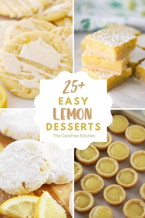 We’ve pulled together 25+ of the Best Lemon Desserts for all of the lemon lovers out there. From lemon cooler cookies and lemon curd to no bake lemon desserts and lemon breakfast sweets, you will find new recipes to make all year long. #thecarefreekitchen #lemon #dessert #lemonrecipes #lemoncurd #lemonblueberry #lemoncookies #lemoncake #lemonbars #nobake Lemon Sweets Recipes, Lots Of Lemons What To Do With, Lemon Desserts No Eggs, Lemon Themed Dessert Table, Lemon Themed Bridal Shower Desserts, What Can I Make With Lemons, Lemon Pastry Recipes, Recipes To Use Up Lemons, Lemon Baked Goods