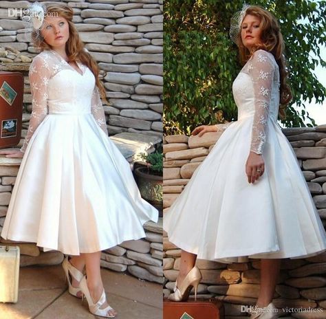 Short White Dress Wedding, Long Sleeve Bridal Dresses, Satin Bridal Gowns, Boda Mexicana, Trendy Wedding Dresses, V Neck Wedding Dress, Beach Bridal, Tea Length Wedding Dress, Wedding Dresses Satin