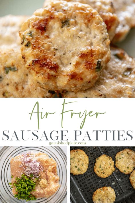 Homemade sausage patties that only take minutes? Yes! These chicken sausage patties made with diced peppers and shallot along with ground chicken take only about 10 minutes and are much healthier because they are air fried! Air Fryer Sausage Patties, Chicken Sausage Patties, Walnut Chicken Recipe, Air Fryer Sausage, Plate Recipes, Low Salt Diet, Sausage Patties, Easy To Make Breakfast, Chicken Breakfast