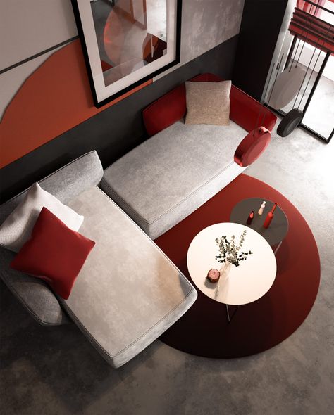 Modern Red And Grey Interiors With Japanese Influences Red Interior Design Modern, Moveable Partition Wall, Red Interior Design, Red Apartment, Red Living Room, Gorgeous Living Room, Grey Interiors, Black Floor Tiles, Tiles Designs