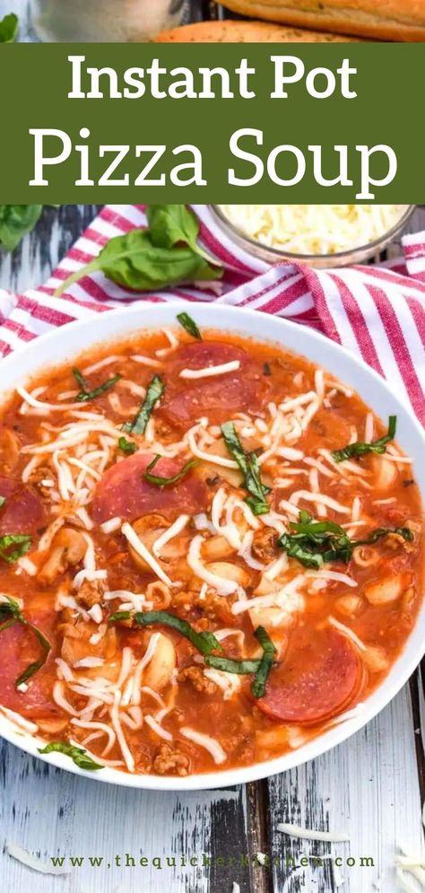 Pizza soup is a delicious way to take your favorite pizza flavors and turn them into a cozy soup. Thanks to the Instant Pot, this is a dump and go recipe that your whole family will love! View this super easy recipe at thequickerkitchen.com. Pizza Soup Instant Pot, Instant Pot Pizza, Pizza Soup, Soup Instant Pot, Cozy Soup, Pizza Fries, Hot Sausage, Classic Pizza, Pizza Flavors