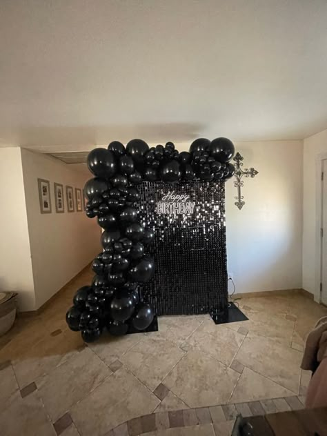 Rip To My 20s Party Theme, Black Shimmer Wall Backdrop, Silver And Black Birthday Party, Black Decorations Party, All Black Party Decorations, All Black Birthday Party, Black Themed Birthday Party, Black Shimmer Wall, Black Birthday Decorations