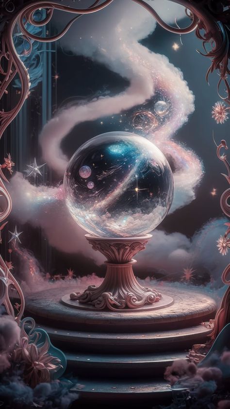 Explore a mesmerizing digital illustration of a crystal ball perched on a beautifully carved pedestal, surrounded by swirling mist and sparkling stars. This enchanting scene, framed by intricate Art Nouveau designs, features soft iridescent lighting that creates a dreamy atmosphere. Dive into the mystery and magic of unseen worlds reflected in the orb. Perfect for fans of fantasy art, digital illustrations, and celestial decor. Dream Magic Art, Iridescent Lighting, Magic Orb, Nouveau Illustration, Celestial Decor, Dreamy Atmosphere, Crystal Orb, Intricate Art, Art Nouveau Illustration