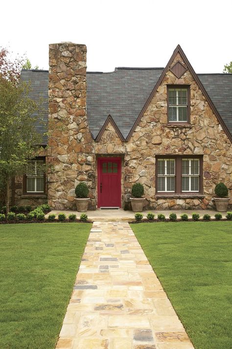 Apple Red Stone House Front Door Color, Heritage Red Front Door, Homes With Red Brick, Coral Front Doors, Bold Front Door Colors, Bold Front Door, Bright Front Doors, White Front Door, Yellow Front Doors