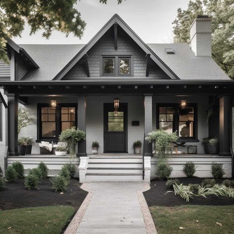 Gray Bungalow House Exterior, One Peak House Exterior, Gray Black White House Exterior, Grey And Black Farmhouse Exterior, Dark Siding Black Windows, Dark Grey Homes, Light Gray House With Black Windows, Charcoal Farmhouse Exterior, Taupe House With Black Trim