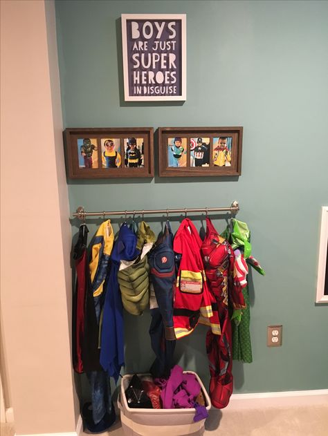 Playroom Costume Organization, Superhero Costume Storage, Kids Costume Organization, Kids Costume Storage Ideas, Kids Dress Up Storage Diy, Dress Up Corner Playroom, Kids Dress Up Area, Kids Costume Storage, Dress Up Clothes Storage