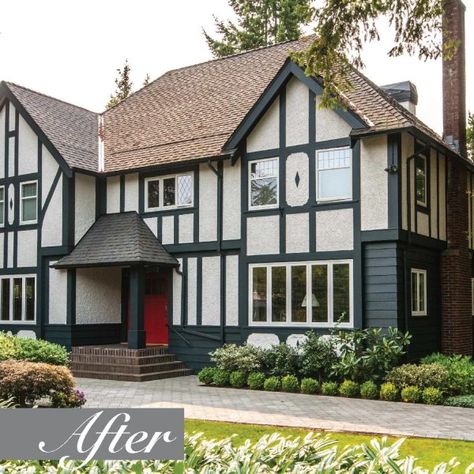 House Exterior Black Windows, Tudor Front Door, Anthracite Windows, Mock Tudor House, Tudor Exterior Paint, House Exterior Black, Exterior Black Windows, Tudor Exterior, Tudor House Exterior