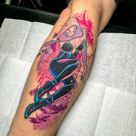 Part fresh and part healed Spider Gwen for @adz_the_butcher 🥰🥰🥰🥰 . . . #spiderverse #spidergwen #tattootime #tattooing #inked #colourful #partfreshparthealed Ghost Spider Tattoo, Spider Gwen Tattoo Ideas, Gwen Stacy Tattoo, Spider Gwen Tattoo, Spider Verse Tattoo, Spiderverse Tattoo, Gwen Spiderverse, Verse Tattoos, Spider Tattoo