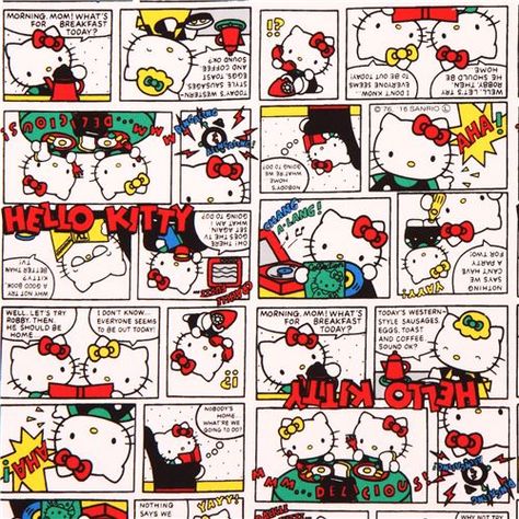 white Hello Kitty colorful comic manga story oxford fabric 1 Hello Kitty Comic Wallpaper, Sanrio Comic, Hello Kitty Comic, Hello Kitty Fabric, Hello Kitty Book, Sanrio Things, Hello Kitty School, White Hello Kitty, Kitty Painting