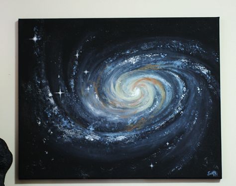 Canvas Painting Ideas Galaxy, Milkyway Painting Acrylic, Paintings Of Space, Space Oil Painting, Simple Space Painting, Space Painting Ideas On Canvas, Painting Ideas Space, Spiral Galaxy Painting, Galaxy Painting Easy