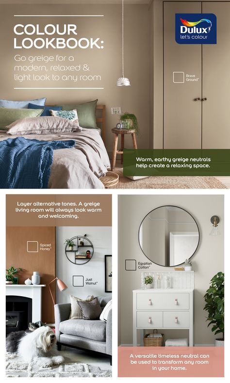 Go Greige For A Modern, Relaxed and Light Look To Any Room Dulux Greige Colours, Dulux Paint Colours Neutral, Neutral Bedroom Paint, Best Greige Paint Color, Brave Ground, Greige Living Room, Dulux Paint Colours, Greige Paint Colors, Greige Paint