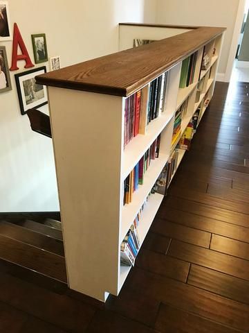 Bookcase On Landing, Hallway Library Narrow, Bookshelf Stair Railing, Landing Bookshelves, Stairway Bookshelves, Railing Bookcase, Upstairs Hallway Ideas Landing, Small Landing Ideas Upstairs, Staircase Bookshelves