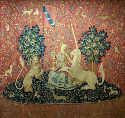 The Lady and the Unicorn: Sight (Illustration) - World History Encyclopedia The Lady And The Unicorn, Christian Devotional Books, Lady And The Unicorn, Unicorn Tapestries, Classic Wall Decor, Medieval Tapestry, Art Tapestry, Book Of Hours, Christian Devotions