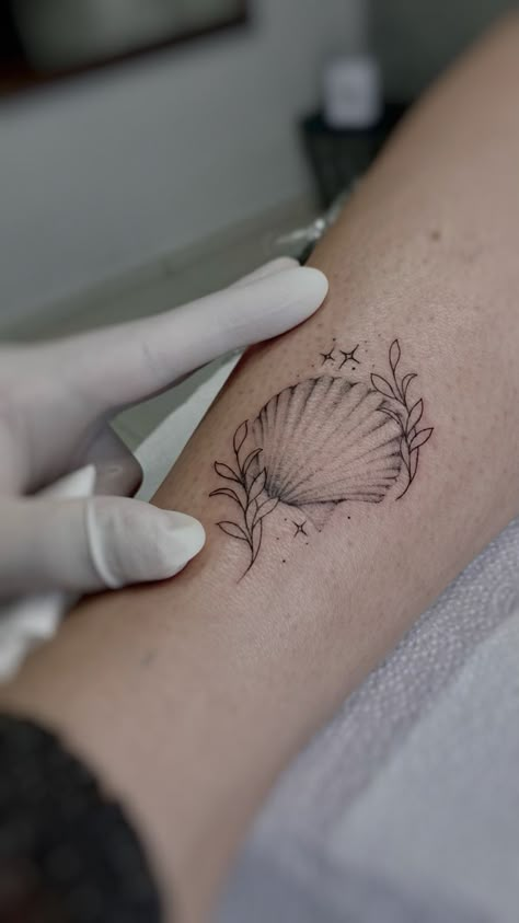 Minimalist Floral Tattoo, Inner Elbow Tattoos, Crystal Tattoos, Aphrodite Tattoo, Tattoos 2024, Wrist Tattoo Cover Up, Seashell Tattoos, Shell Tattoos, Girl Arm Tattoos