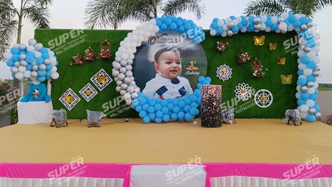 First Birthday Stage Decorations, Birthday Venue Decoration, Birthday Stage Decoration Ideas, Moon Birthday Decorations, Baby Boy Birthday Decoration, First Birthday Decorations Boy, Ballon Decoration, Rice Ceremony, Peacock Artwork