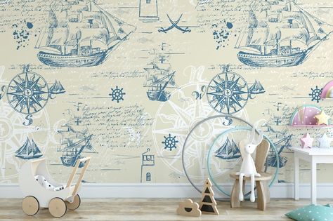 Vintage Nautical Map Removable Wallpaper Peel and Stick | Etsy Vintage Nautical Wallpaper, Coastal Wallpaper Accent Wall Bathroom, Nautical Peel And Stick Wallpaper, Coastal Wallpaper Accent Wall, Vintage Nautical Nursery, Vintage Nautical Map, Vintage Nautical Decor, Wallpaper Wall Art, Refinish Furniture